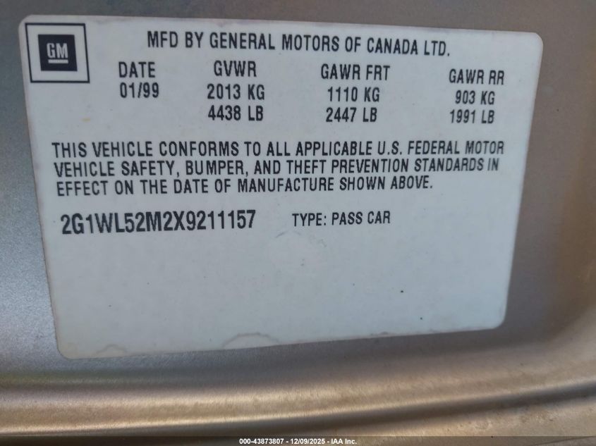 1999 Chevrolet Lumina VIN: 2G1WL52M2X9211157 Lot: 43873807