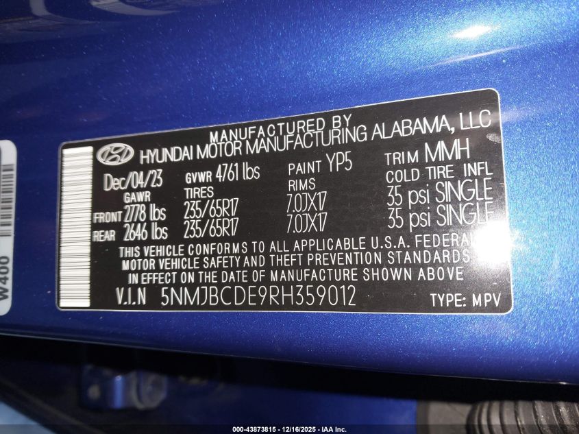 2024 Hyundai Tucson Sel VIN: 5NMJBCDE9RH359012 Lot: 43873815