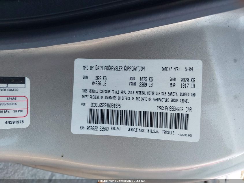 2004 Chrysler Sebring Limited VIN: 1C3EL65R74N391975 Lot: 43873817