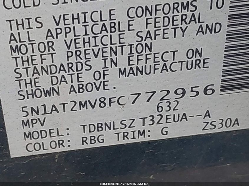 2015 Nissan Rogue Sl VIN: 5N1AT2MV8FC772956 Lot: 43873820