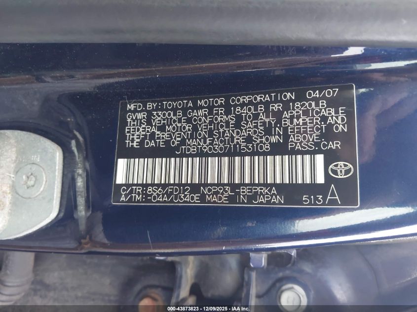 2007 Toyota Yaris VIN: JTDBT903071153108 Lot: 43873823