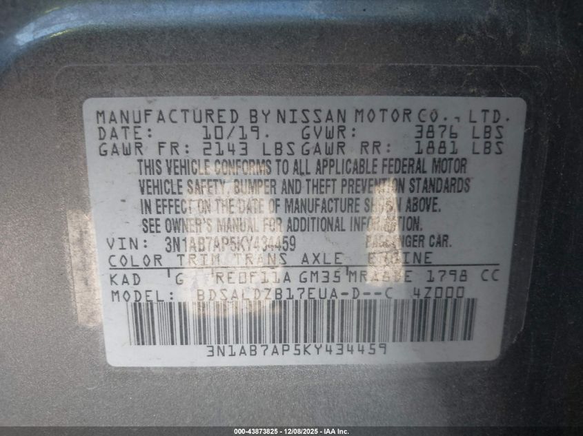 2019 Nissan Sentra Sv VIN: 3N1AB7AP5KY434459 Lot: 43873825