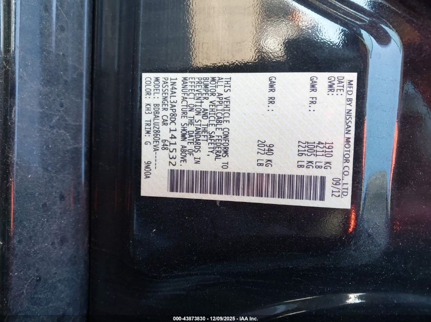 2013 Nissan Altima 2.5 Sv VIN: 1N4AL3AP8DC141532 Lot: 43873830