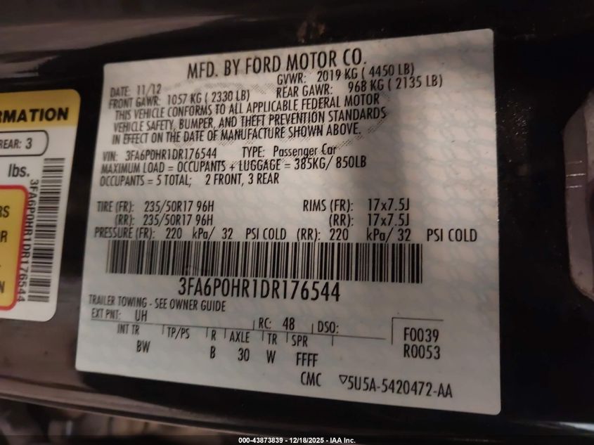 2013 Ford Fusion Se VIN: 3FA6P0HR1DR176544 Lot: 43873839