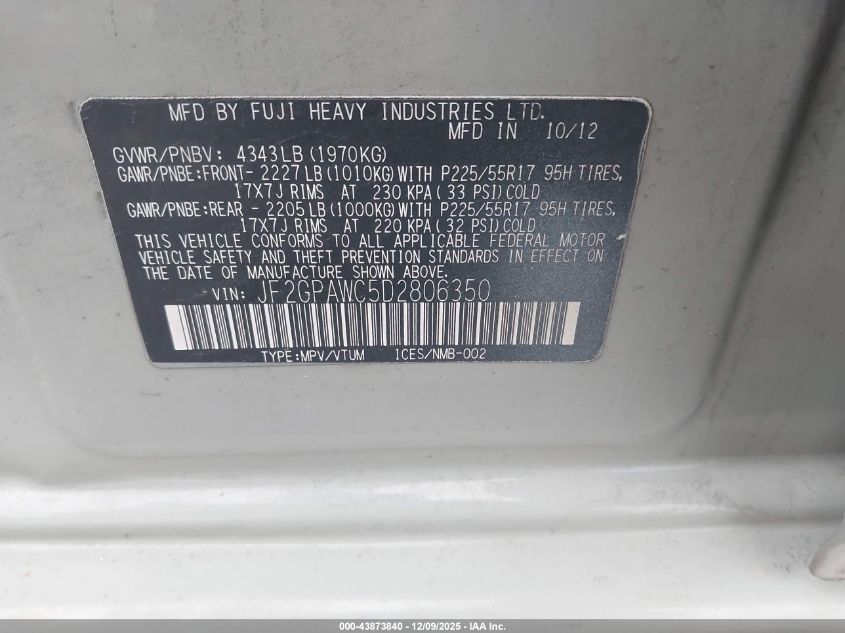 2013 Subaru Xv Crosstrek 2.0I Premium VIN: JF2GPAWC5D2806350 Lot: 43873840