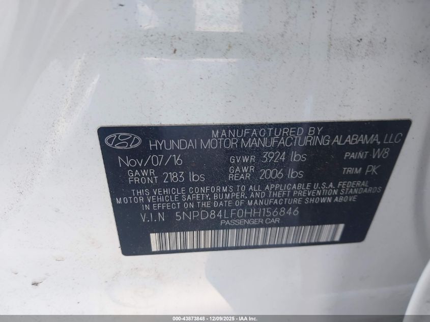 2017 Hyundai Elantra Se VIN: 5NPD84LF0HH156846 Lot: 43873848