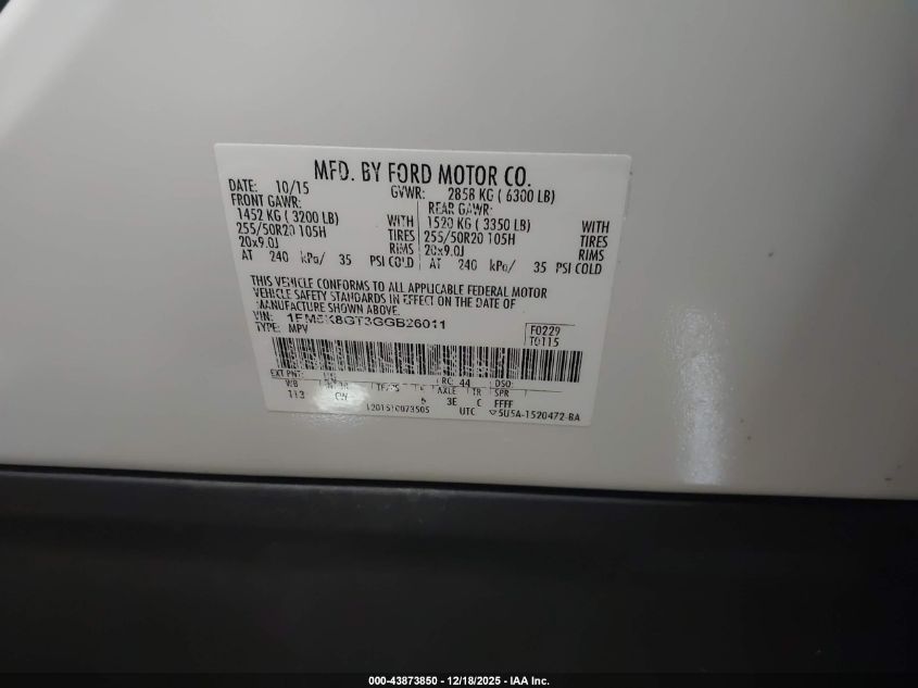 2016 Ford Explorer Sport VIN: 1FM5K8GT3GGB26011 Lot: 43873850