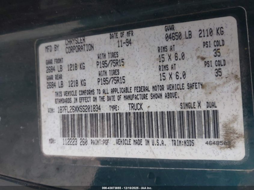 1995 Dodge Dakota VIN: 1B7FL26XXSS201834 Lot: 43873855