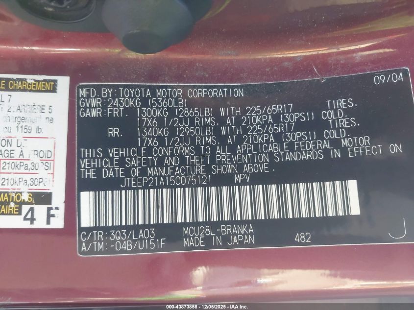 2005 Toyota Highlander Limited V6 VIN: JTEEP21A150075121 Lot: 43873858