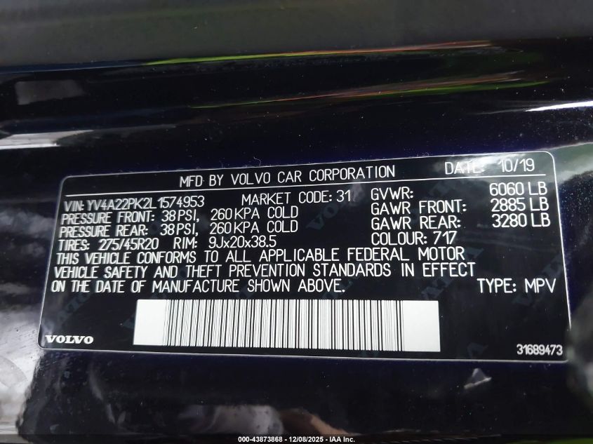 2020 Volvo Xc90 T6 Momentum 7 Passenger VIN: YV4A22PK2L1574953 Lot: 43873868