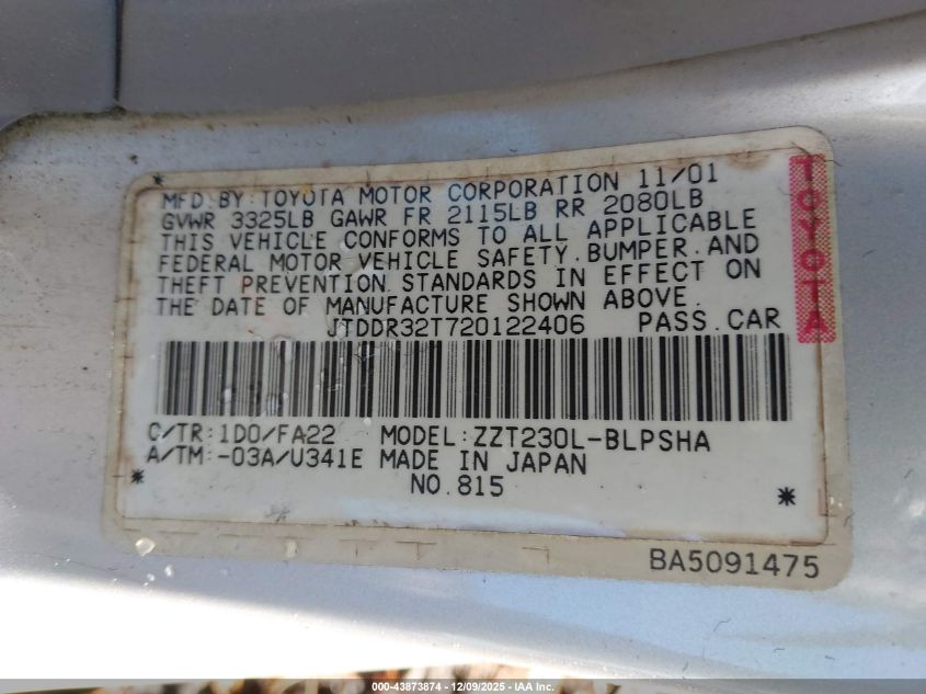 2002 Toyota Celica Gt VIN: JTDDR32T720122406 Lot: 43873874