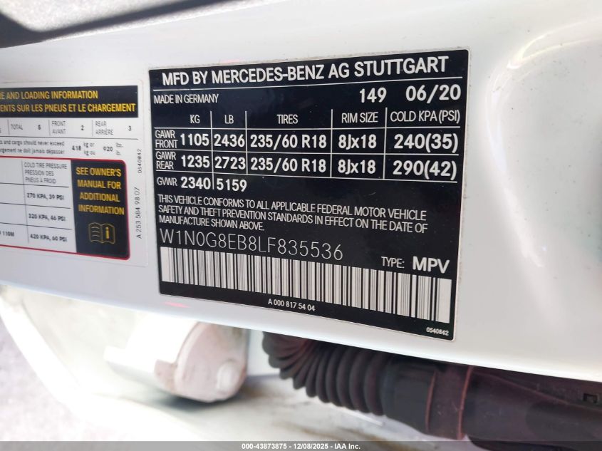 2020 Mercedes-Benz Glc 300 4Matic VIN: W1N0G8EB8LF835536 Lot: 43873875