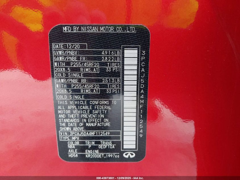 2021 Infiniti Qx50 Autograph VIN: 3PCAJ5DA4MF112549 Lot: 43873881