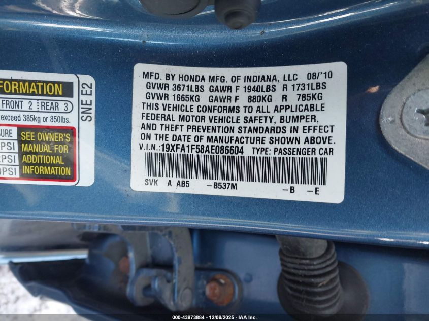 2010 Honda Civic Lx VIN: 19XFA1F58AE086604 Lot: 43873884
