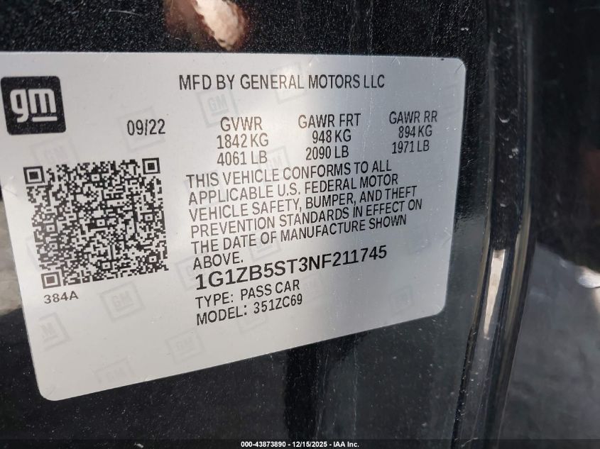 2022 Chevrolet Malibu Fwd Ls VIN: 1G1ZB5ST3NF211745 Lot: 43873890