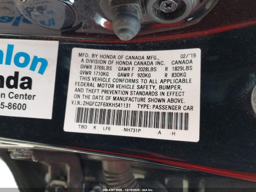 2019 Honda Civic Lx VIN: 2HGFC2F6XKH541131 Lot: 43873906