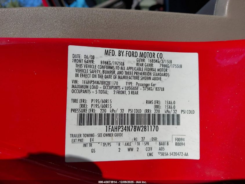 2008 Ford Focus S VIN: 1FAHP34N78W281170 Lot: 43873914