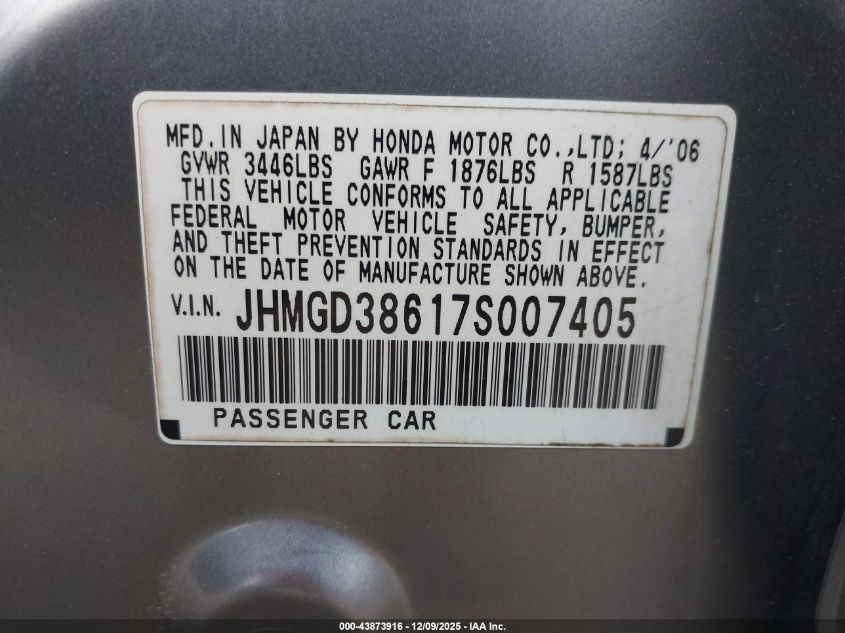 2007 Honda Fit Sport VIN: JHMGD38617S007405 Lot: 43873916