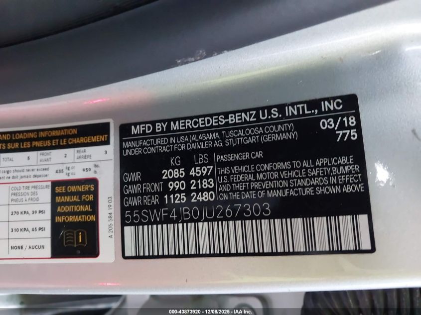 2018 Mercedes-Benz C 300 VIN: 55SWF4JB0JU267303 Lot: 43873920