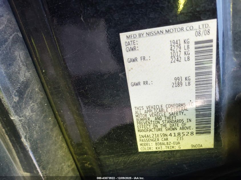 2009 Nissan Altima 2.5 S VIN: 1N4AL21E59N418528 Lot: 43873922