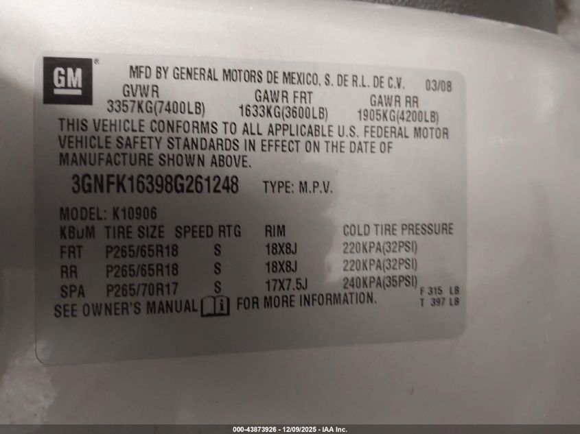 2008 Chevrolet Suburban 1500 Lt VIN: 3GNFK16398G261248 Lot: 43873926