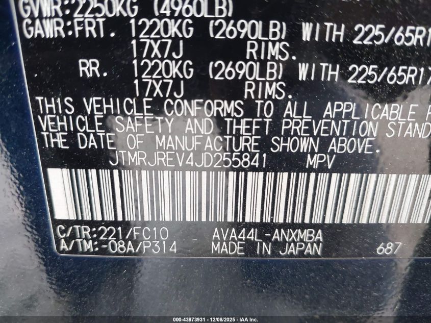 2018 Toyota Rav4 Hybrid Xle VIN: JTMRJREV4JD255841 Lot: 43873931