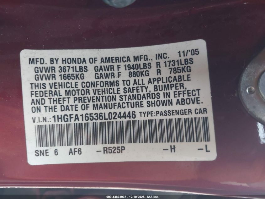 2006 Honda Civic Lx VIN: 1HGFA16536L024446 Lot: 43873937
