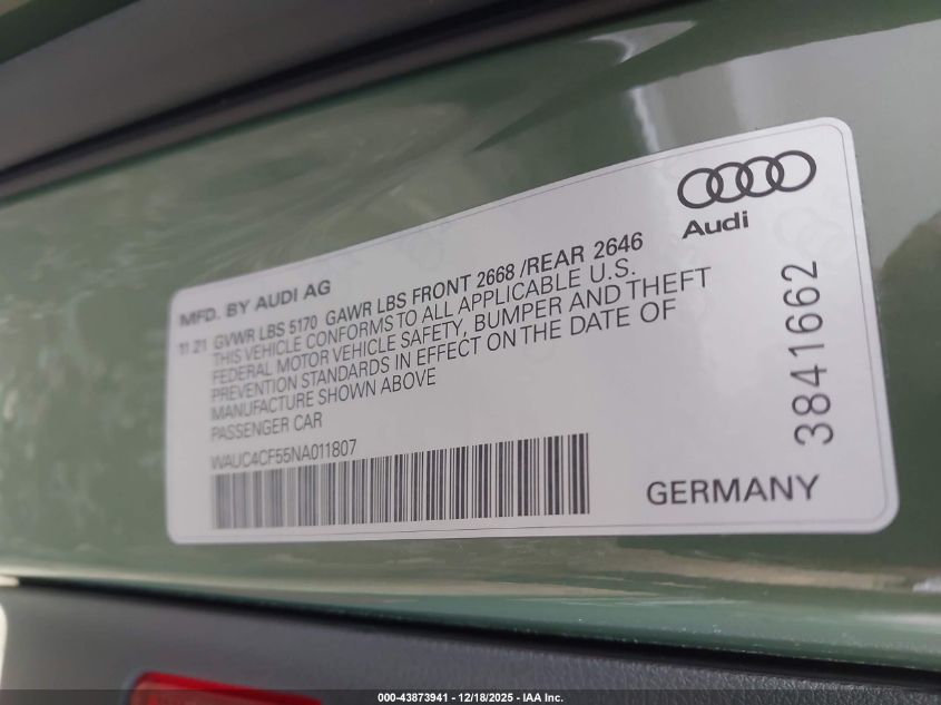 2022 Audi S5 Sportback Premium Plus Tfsi Quattro Tiptronic VIN: WAUC4CF55NA011807 Lot: 43873941