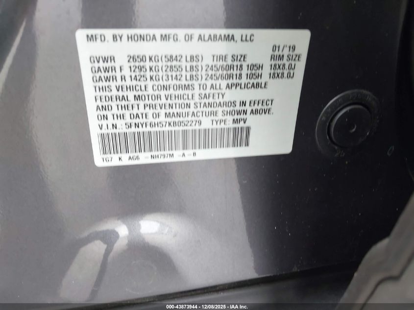 2019 Honda Pilot Ex-L VIN: 5FNYF6H57KB052279 Lot: 43873944