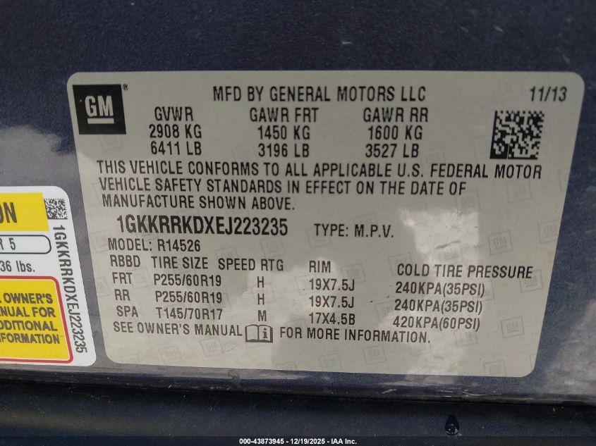 2014 GMC Acadia Slt-1 VIN: 1GKKRRKDXEJ223235 Lot: 43873945