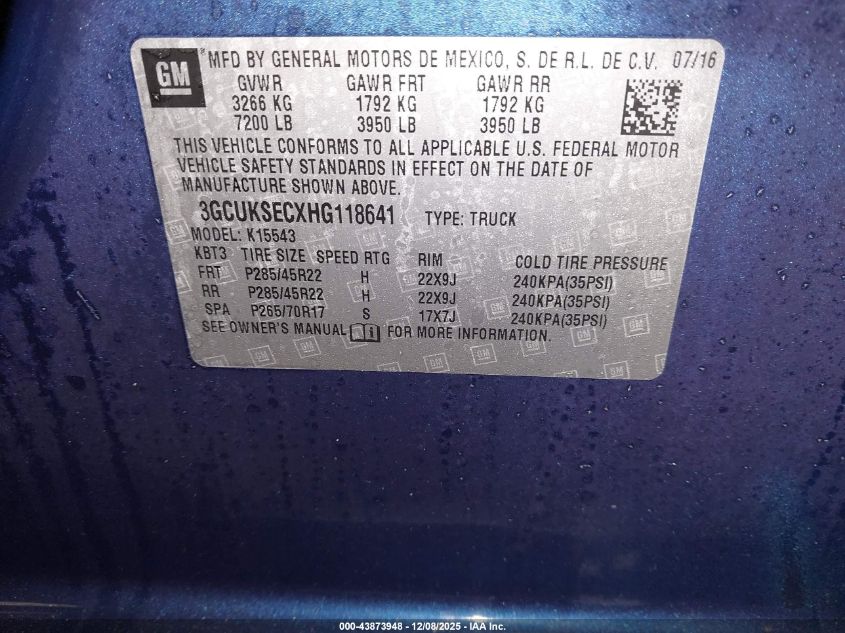 2017 Chevrolet Silverado 1500 2Lz VIN: 3GCUKSECXHG118641 Lot: 43873948