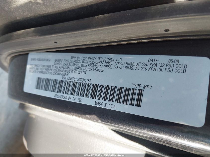 2009 Subaru Outback 2.5I VIN: 4S4BP61C697315188 Lot: 43873959