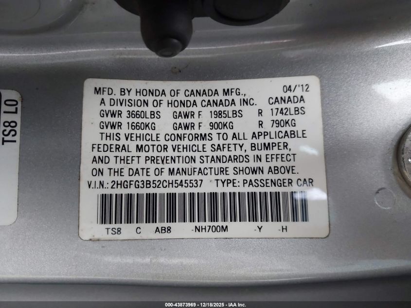 2012 Honda Civic Lx VIN: 2HGFG3B52CH545537 Lot: 43873969