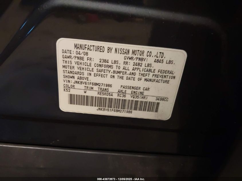 2008 Infiniti G35X VIN: JNKBV61F68M271986 Lot: 43873973