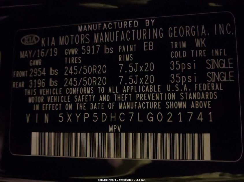2020 Kia Telluride Sx VIN: 5XYP5DHC7LG021741 Lot: 43873974