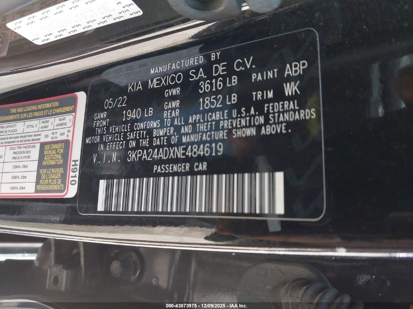 2022 Kia Rio S VIN: 3KPA24ADXNE484619 Lot: 43873975