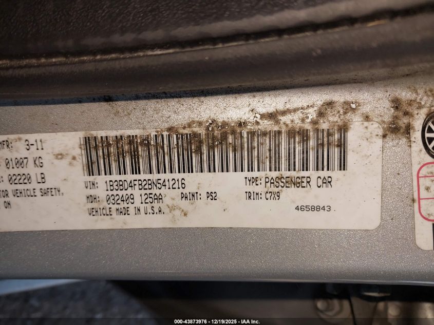 2011 Dodge Avenger Express VIN: 1B3BD4FB2BN541216 Lot: 43873976