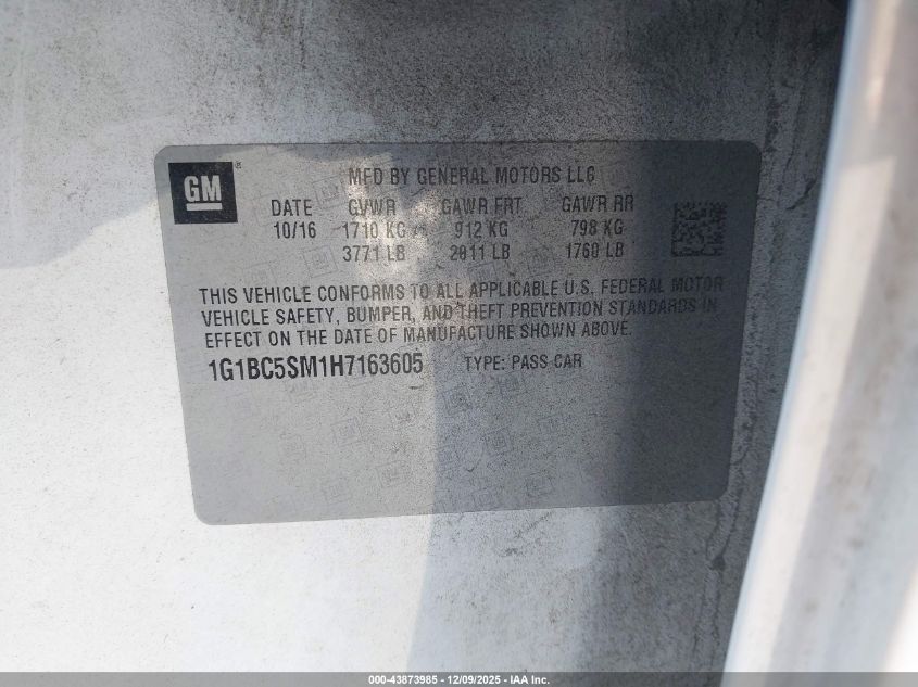 2017 Chevrolet Cruze Ls Auto VIN: 1G1BC5SM1H7163605 Lot: 43873985