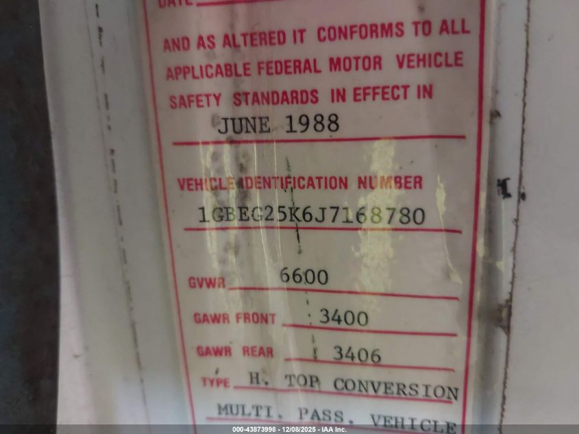 1988 Chevrolet G20 VIN: 1GBEG25K6J7168780 Lot: 43873998