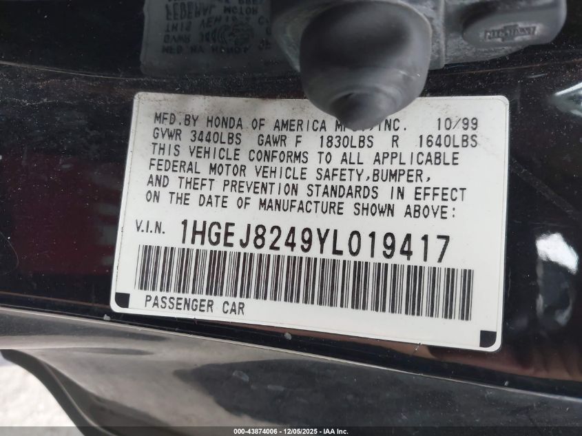 2000 Honda Civic Ex VIN: 1HGEJ8249YL019417 Lot: 43874006