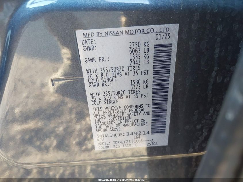 2025 Infiniti Qx60 Autograph Awd VIN: 5N1AL1HU0SC349214 Lot: 43874013