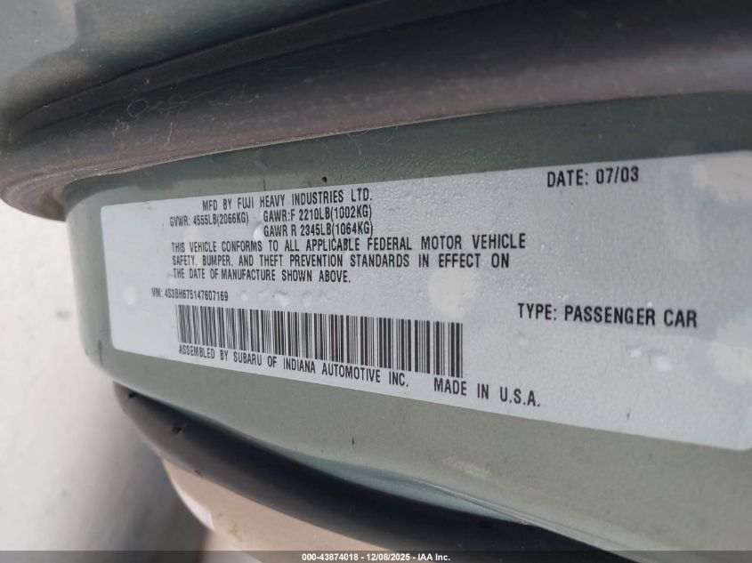 2004 Subaru Outback VIN: 4S3BH675147607169 Lot: 43874018