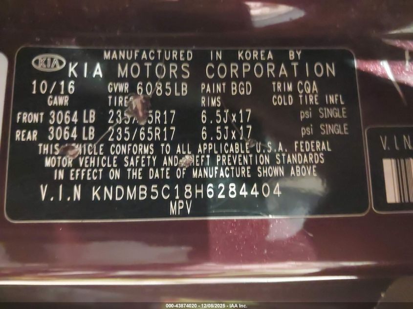 2017 Kia Sedona Lx VIN: KNDMB5C18H6284404 Lot: 43874020
