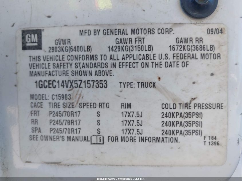 2005 Chevrolet Silverado 1500 Work Truck VIN: 1GCEC14VX5Z157353 Lot: 43874027