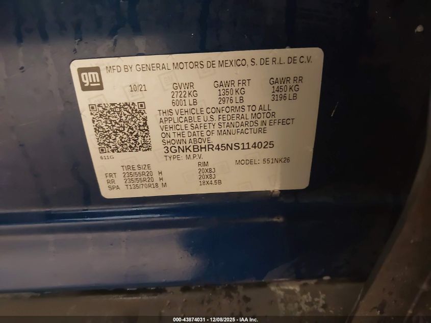 2022 Chevrolet Blazer Awd 2Lt VIN: 3GNKBHR45NS114025 Lot: 43874031