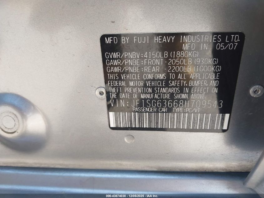 2008 Subaru Forester 2.5X VIN: JF1SG63668H709543 Lot: 43874038