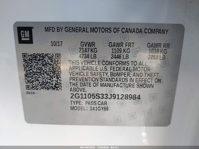 2018 Chevrolet Impala 1Lt VIN: 2G1105S33J9128984 Lot: 43874039