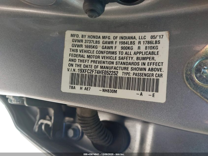 2017 Honda Civic Ex VIN: 19XFC2F74HE052252 Lot: 43874041