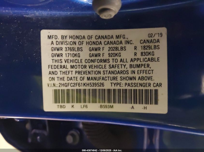 2019 Honda Civic Lx VIN: 2HGFC2F61KH539526 Lot: 43874042