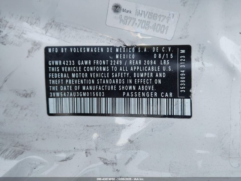 2016 Volkswagen Golf Gti S W/Performance Package 4-Door VIN: 3VW547AU3GM015603 Lot: 43874050